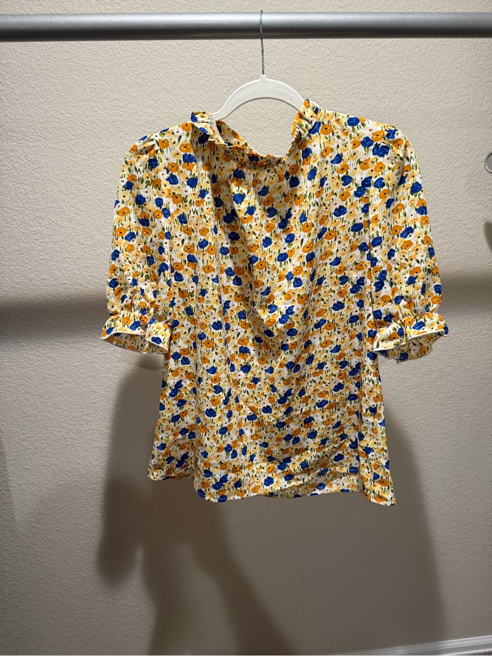 Floral Ruffle Neck Short Sleeve Top - Yellow/Blue